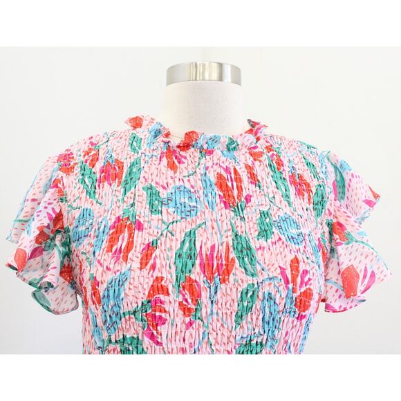 J Marie Pink Confetti Floral Smocked A Line Tiered Dress Size L Ruffle Fit Flare - Picture 3 of 8